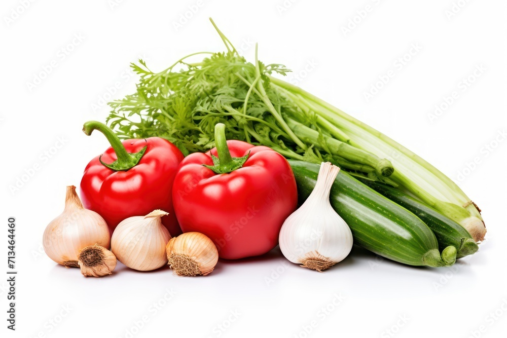 a group of vegetables sitting next to each other on top of a white surface with a few bulbs of garlic next to them. a group of vegetables sitting next to each other on top of a white surface with a few bulbs of garlic next to them.