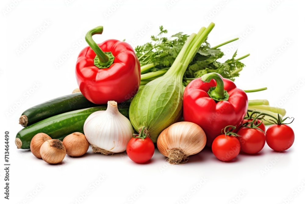 a pile of vegetables including tomatoes, zucchini, broccoli, peppers, onions, and garlic on a white background. a pile of vegetables including tomatoes, zucchini, broccoli, peppers, onions, and garlic on a white background.