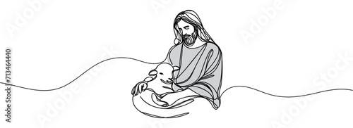 continuous drawing of Jesus Christ holding a lamb in his arms.