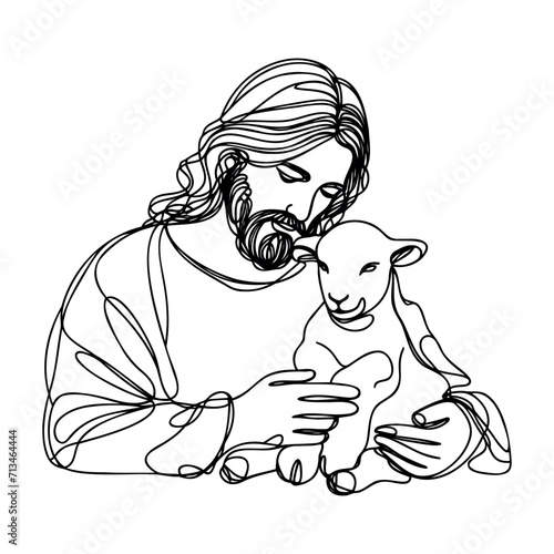 continuous drawing of Jesus Christ holding a lamb in his arms.