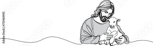continuous drawing of Jesus Christ holding a lamb in his arms.