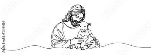 continuous drawing of Jesus Christ holding a lamb in his arms.