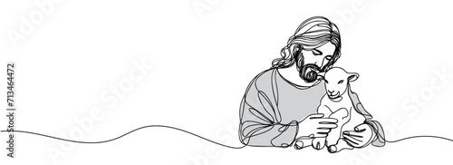 continuous drawing of Jesus Christ holding a lamb in his arms.