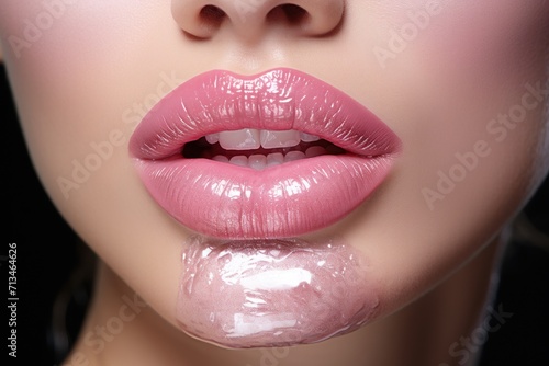  a close up of a woman's lips with a bubble attached to the lip of another woman's mouth.