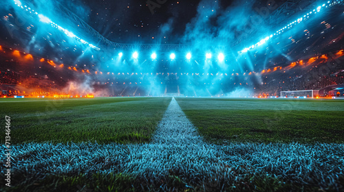 Nighttime soccer match in a brightly lit, vibrant stadium with a pristine green field photo