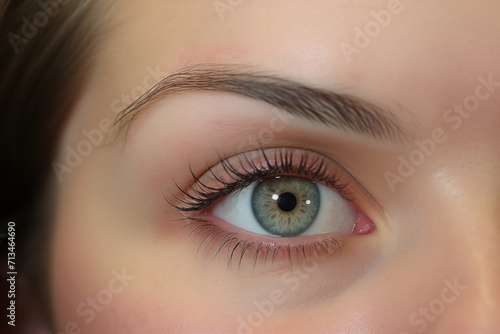 Closeup female eye with long eyelashes, woman eyebrow. Makeup, Cosmetics, Beauty. Close up