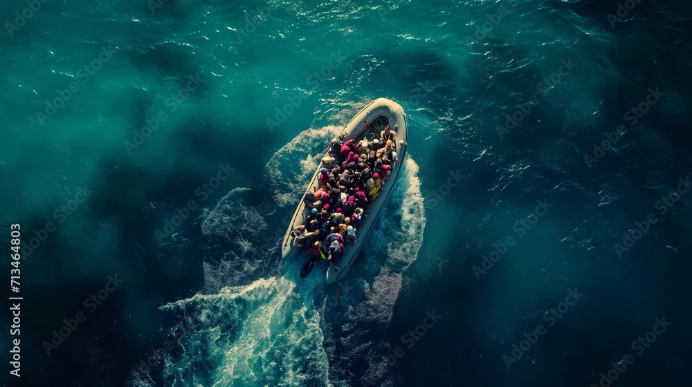Migrants on the boat. Generative AI - obrazy, fototapety, plakaty 