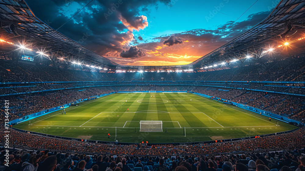 Nighttime soccer match in a brightly lit, vibrant stadium with a pristine green field - obrazy, fototapety, plakaty 