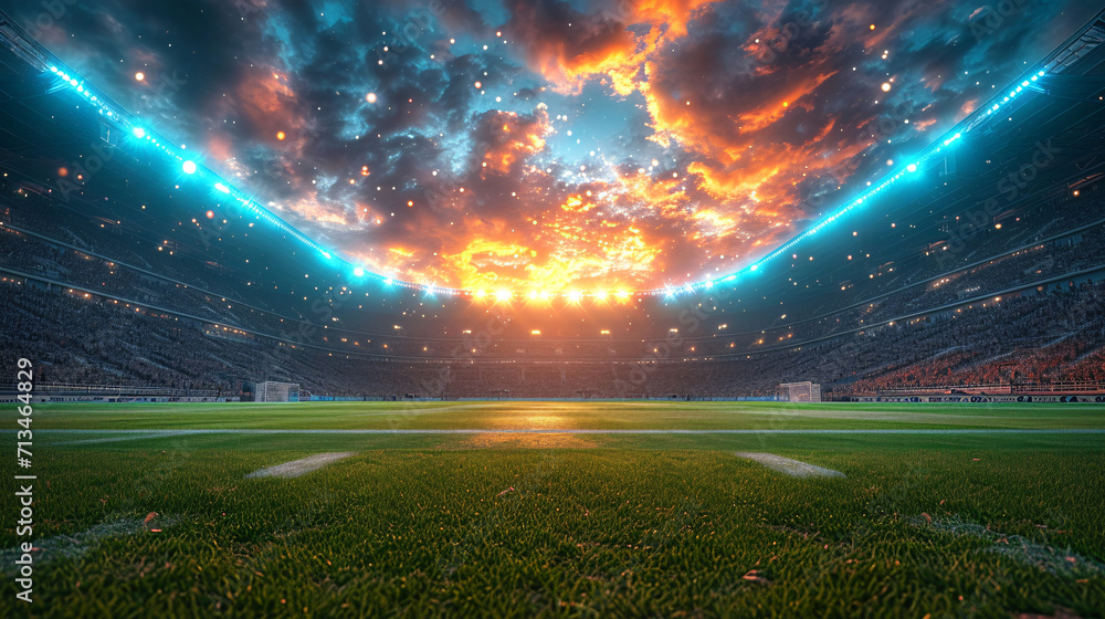 Nighttime soccer match in a brightly lit, vibrant stadium with a pristine green field - obrazy, fototapety, plakaty 