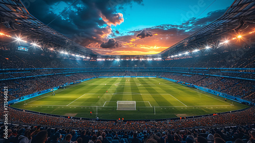 Nighttime soccer match in a brightly lit, vibrant stadium with a pristine green field photo