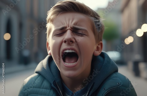 upset Caucasian boy screaming, crying outdoors. shock and emotional breakdown, depression.