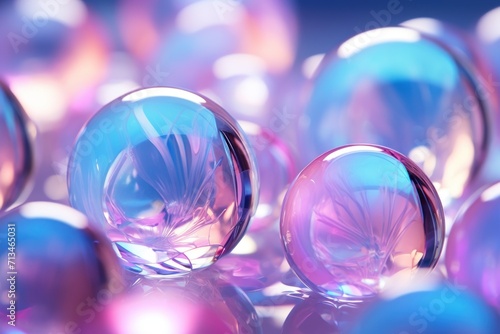  a bunch of glass balls sitting on top of each other in the middle of a blue, pink, and purple background. © Nadia