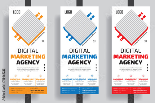 Banner Roll Up Template. Vertical Roll Up, X-Stand, Exhibition Display, Retractable Banner Stand Or Flag Design Layout For Conference. Rollup Banner For Corporate Business Agency.