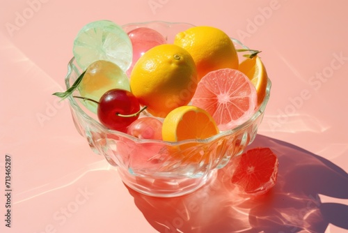  a glass bowl filled with oranges  lemons  cherries  and cherries on a pink surface.