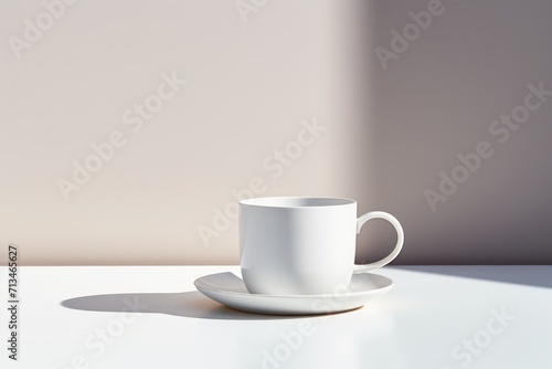 A classic white ceramic cup of coffee on a clean white table against clean background. Generative AI.