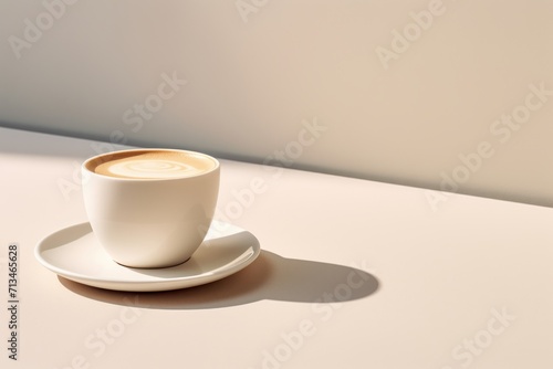 A classic ceramic cup of coffee on a clean table against clean background. Generative AI.