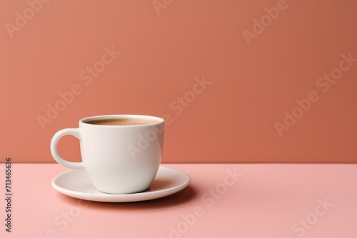 A classic white ceramic cup of coffee on a clean table against a clean background. Generative AI.