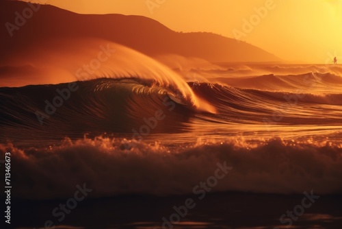  a person standing on a surfboard in the middle of a wave in the middle of the ocean at sunset.