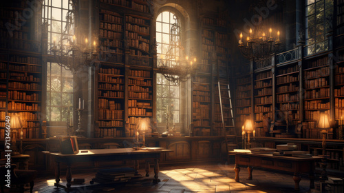 Vintage library with towering bookshelves filled with ancient tomes