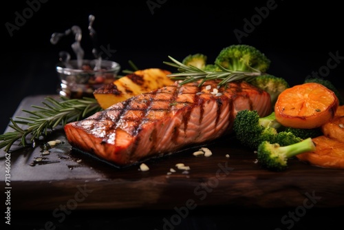  a piece of meat sitting on top of a wooden cutting board next to broccoli and other veggies.