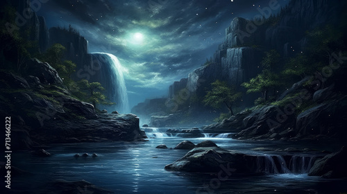 Waterfall under the soft glow of moonlight