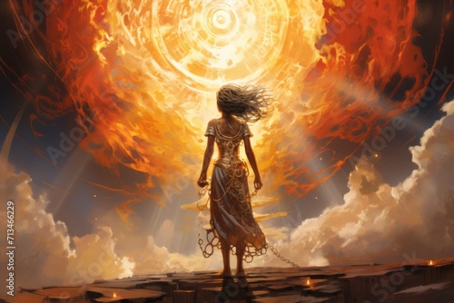  a painting of a woman standing in front of a giant sun with a chain around her neck and her hair blowing in the wind. photo