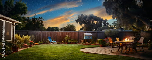 An average backyard of a suburban backyard wiht nice lush lawn and patio furniture 