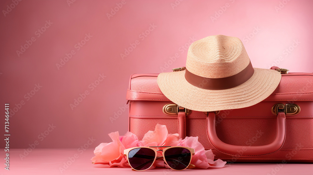 Travel suitcase. Pink suitcase with sun glasses and hat. Travel background. Beautiful pink composition of travel concept, luggage suitcase.
