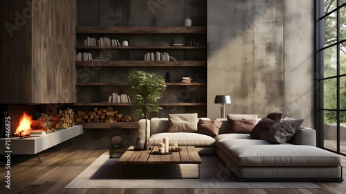 Interior of a contemporary living room with fireplace, concrete and wooden walls, wooden floor and loft windows