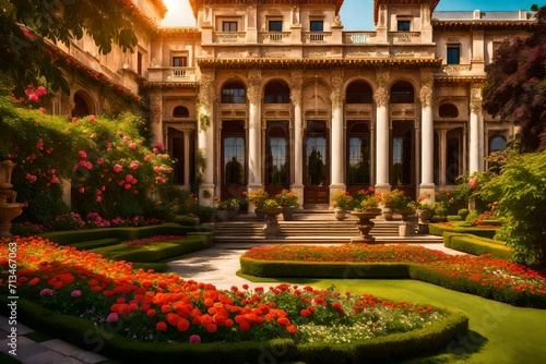 view of a classic palace surrounded by lush, vibrant gardens in full bloom