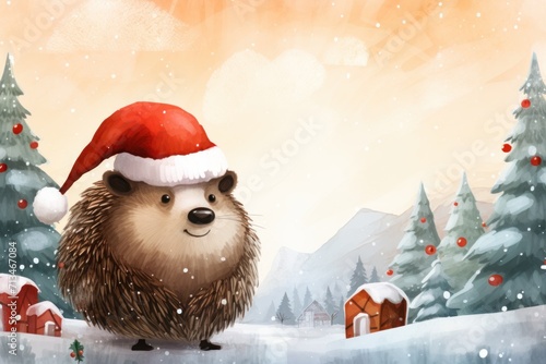  a hedgehog wearing a santa hat in front of a snowy landscape with pine trees and a birdhouse in the foreground. photo