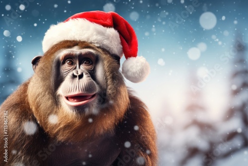  a close up of a monkey wearing a santa hat on a snowy day with snow flakes on the ground. © Nadia