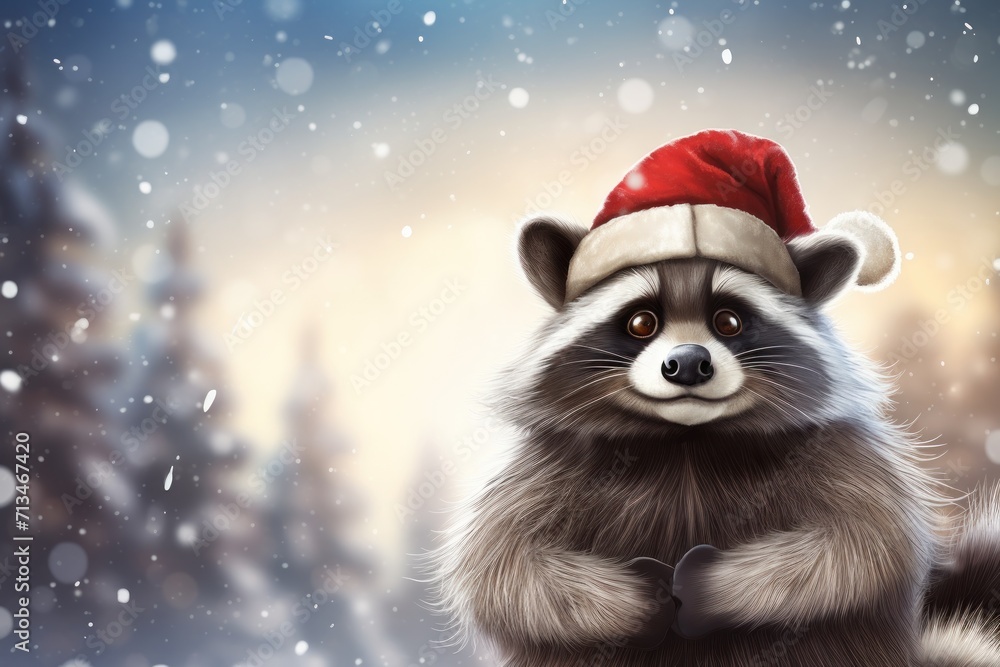 a raccoon wearing a santa hat while sitting in the snow in front of a christmas scene with pine trees. a raccoon wearing a santa hat while sitting in the snow in front of a christmas scene with pine trees.