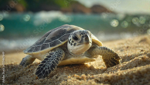 close-up of a sea turtle gracefully traversing the sandy shore. embrace the natural beauty of this scene