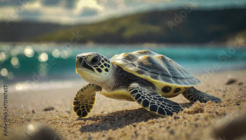 close-up of a sea turtle gracefully traversing the sandy shore. embrace the natural beauty of this scene