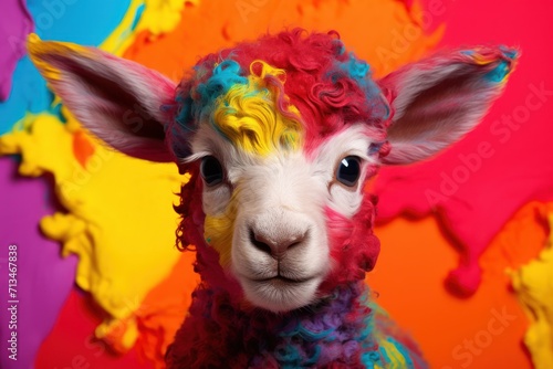  a close up of a sheep with multicolored paint on it's face and a red, yellow, blue, and pink background.