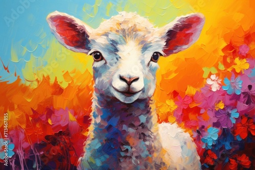  a painting of a sheep in a field of flowers with a blue sky in the background and a yellow sky in the background.
