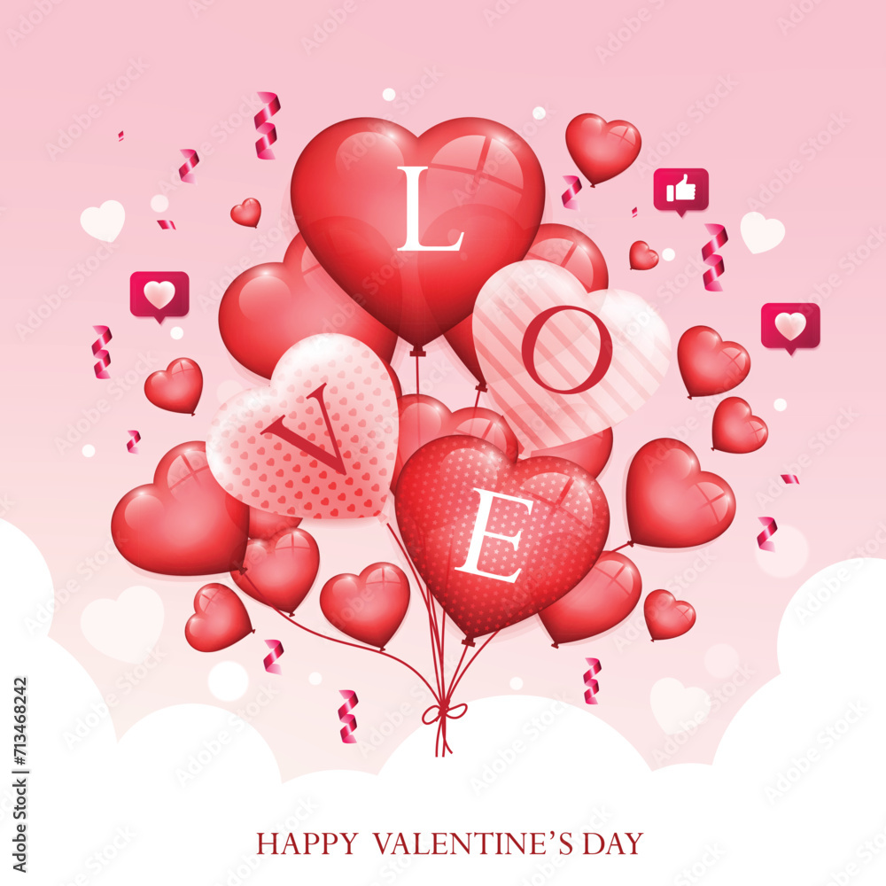 Valentine's Day love poster with heart shaped balloons and on a red background.