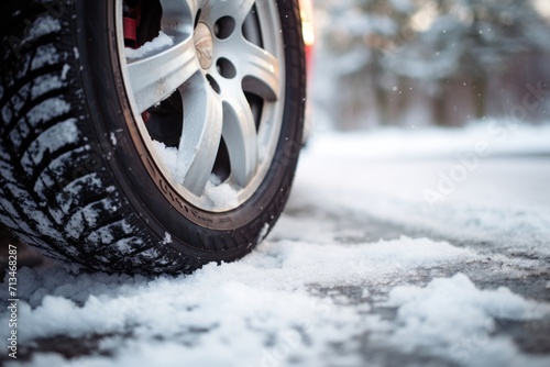  a close up of a snow covered tire of a car on a road with snow on the ground and trees in the background.