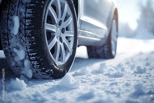  a close up of a tire on a car on a snowy road with snow on the ground and trees in the background.