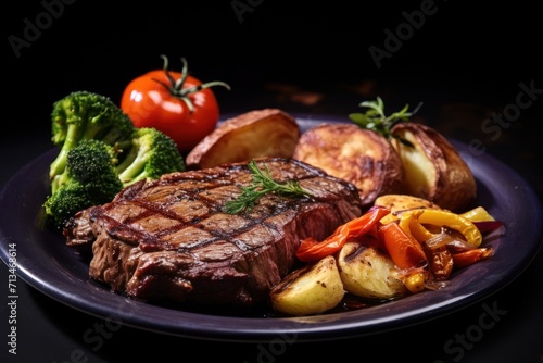  a plate of steak, potatoes, carrots and broccoli on a black plate with a black background.