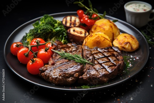  a plate of steak, potatoes, tomatoes, and broccoli with a side of grilled potatoes and tomatoes.