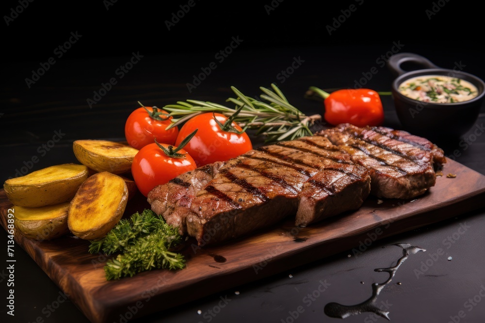 a wooden cutting board topped with meat and veggies next to a bowl of sauce and a bowl of dipping sauce. a wooden cutting board topped with meat and veggies next to a bowl of sauce and a bowl of dipping sauce.