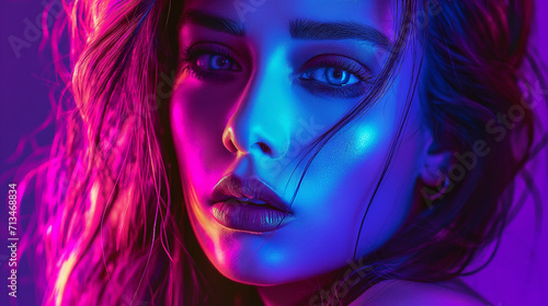 The girl's face in a neon glow. The girl looks at the camera. Background in neon glow