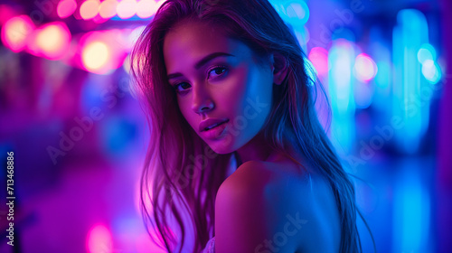 The girl's face in a neon glow. The girl looks at the camera and smiles. Background in neon glow