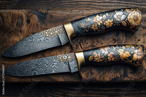 Knives made of Damascus steel on a wooden board