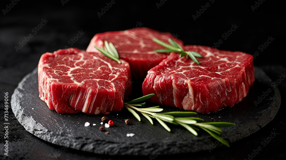 A quality cut of ribeye beef often marbled to add richness, a high-quality steak. For a restaurant, an unusual background.