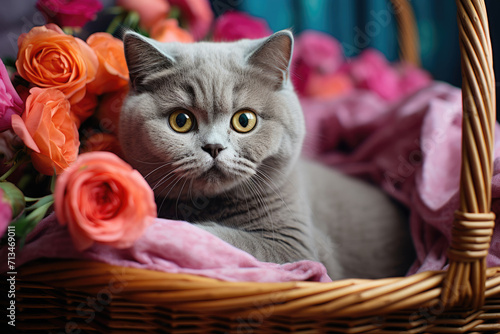 Cute gray kitten in a wicker basket