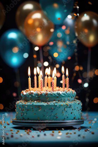 Festive birthday cake with candles on a background of balloons. Vertical orientation