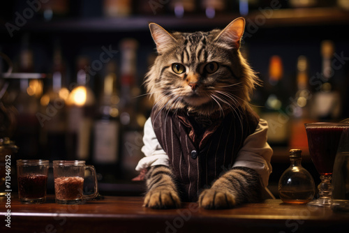 Cat bartender behind the bar counter